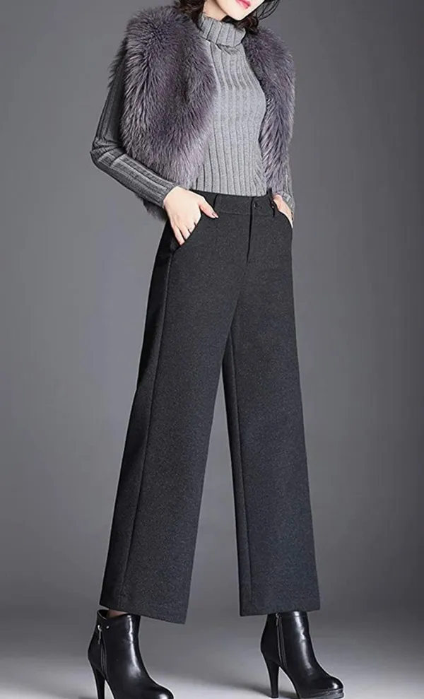 Tanming Women's Casual High Waist Trousers Wool Blend Cropped Wide Leg Pants - Image 5