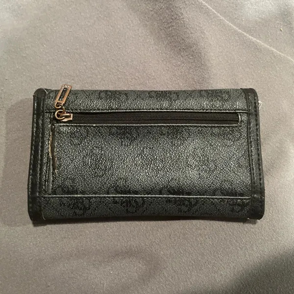GUESS Trifold Wallet Black Charcoal Logo Pattern Canvas Snap Closure - Image 2