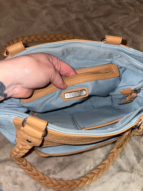 Light Blue & Tan Faux Leather Rosetti Bag - Image 2