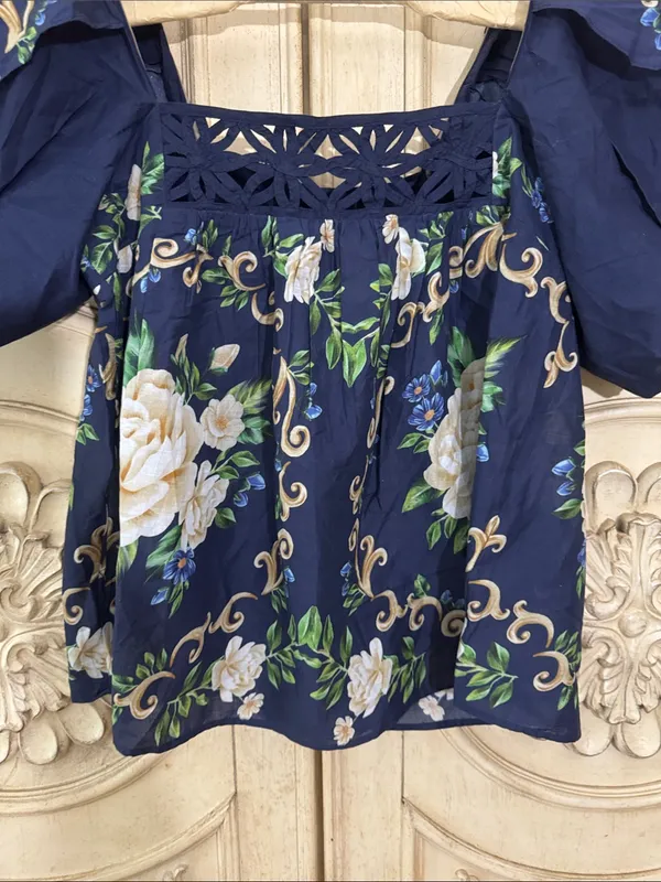 Farm Rio FLOWER TAPESTRY BLUE FLOWERED YOKE BLOUSE Size XSmall - Image 4