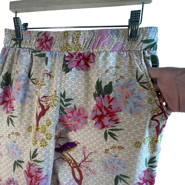 World Market Floral Wide Leg‎ Pants Viscose Cream Pink Bird Print Size S/M Boho - Image 12