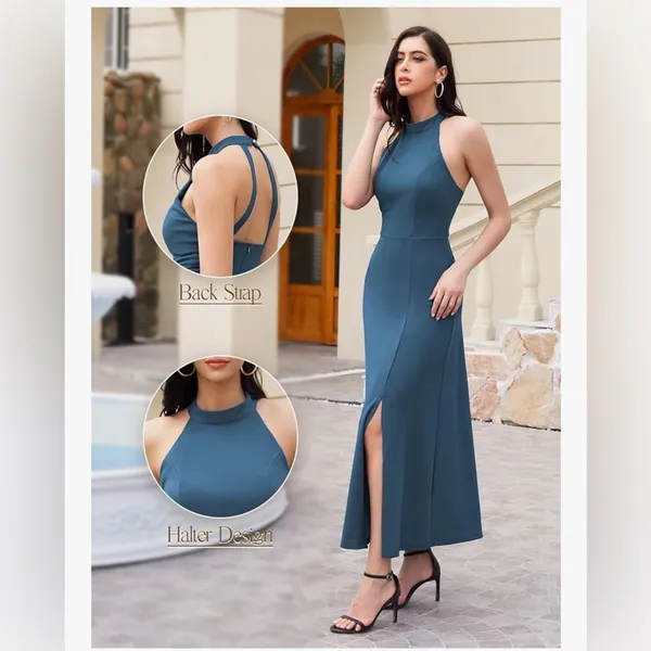 NEW Blue Formal Halter Wedding Cocktail Evening Split Midi Dress XL - Image 7