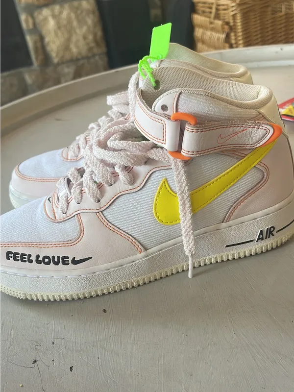 Nike Kids High-Top Sneakers in White with Yellow Swoosh and Neon Accents - Image 10