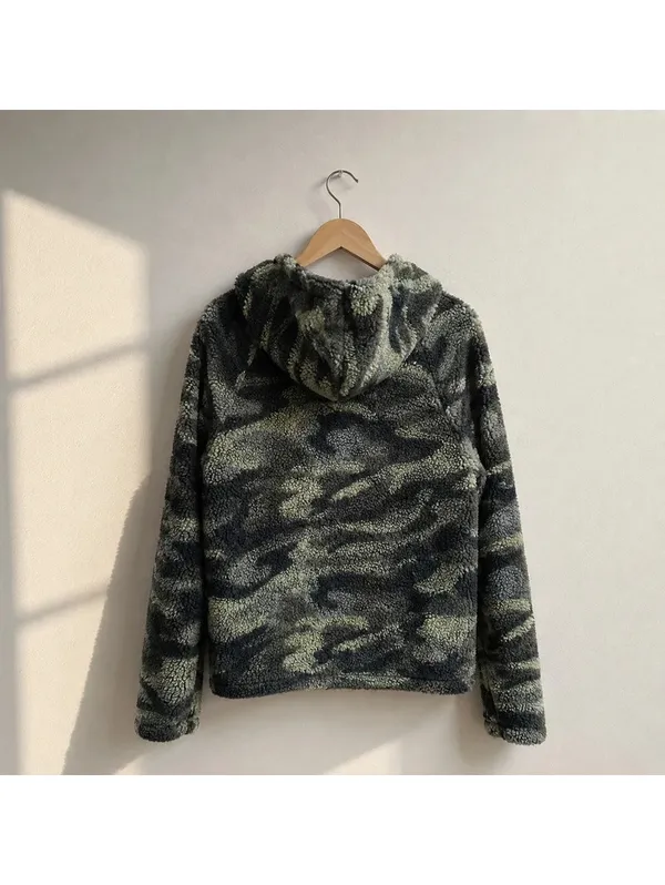 Hippie Rose Camo Fuzzy Sherpa Cropped Hoodie Sweatshirt Green Gray M - Image 2