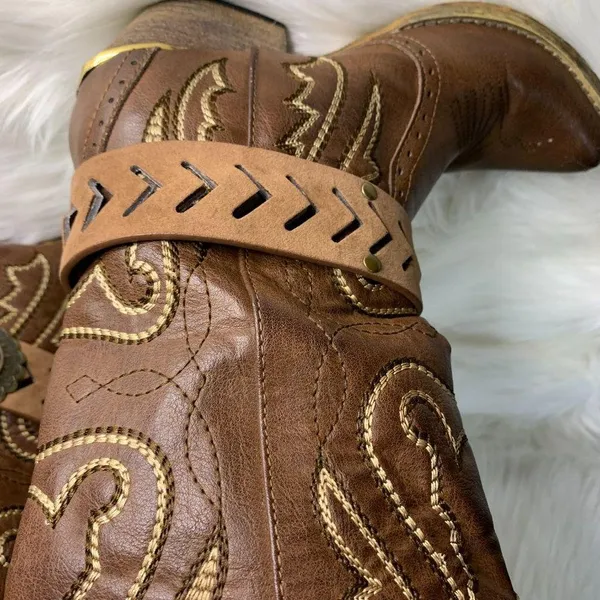 Handmade Womens Brown Leather Floral Metal Buckle Removable Boot Band One Size - Image 4