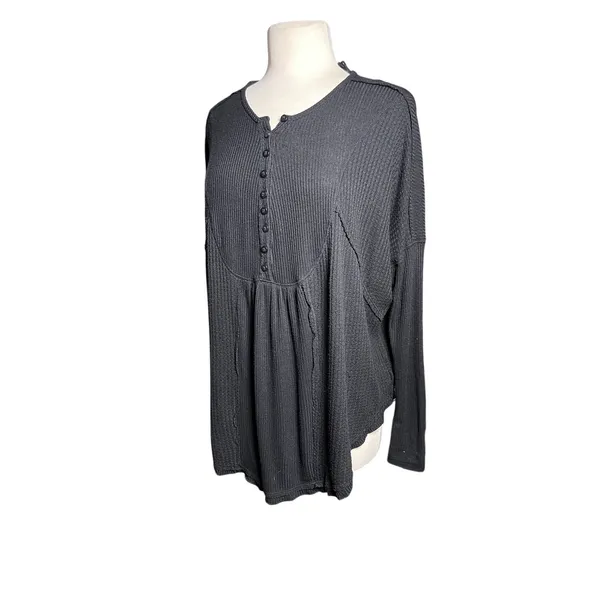 FREE PEOPLE Women’s Boho Leo Henley Black Long Sleeve Knit Top - Image 6