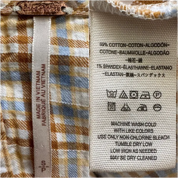 Free People Top Button Back Puff Sleeve Plaid Tan Blue S - Image 7