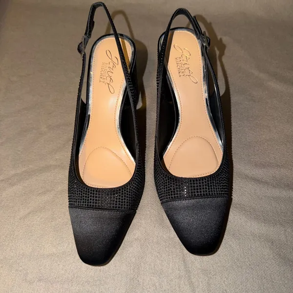 Jewel Badgley‎ Mischka Womens Black Crystal Embellished Slingback Block Heels 6 - Image 3