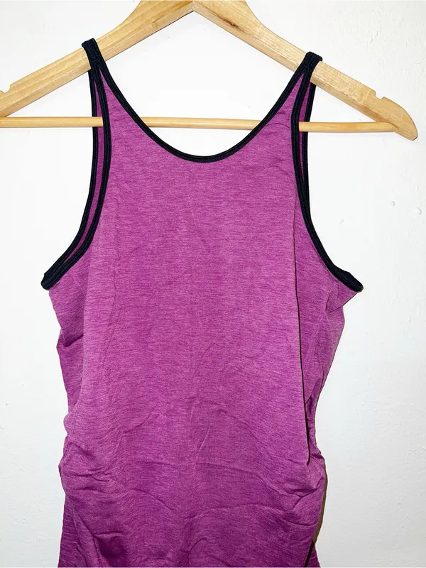 Lululemon Women’s In The Flow Purple Low Open Back Tank Top w/ Black Trim and Ruched Sides - Image 2