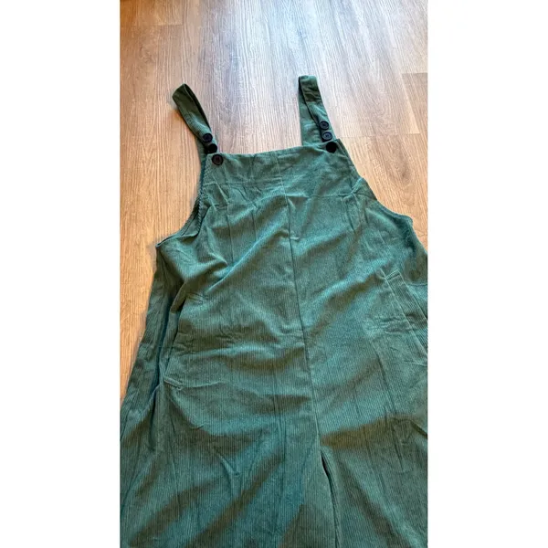 Green Corduroy Wide Leg Overalls XL Teal Ribbed Sleeveless Jumpsuit with Pockets - Image 3