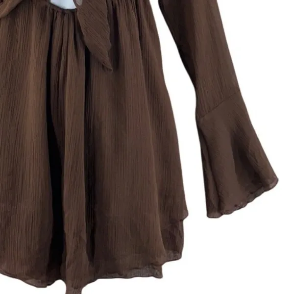 Urban Outfitters Mini Drress S Brown Tie Front Long Bell Sleeve‎ Boho Y2K Fairy - Image 6