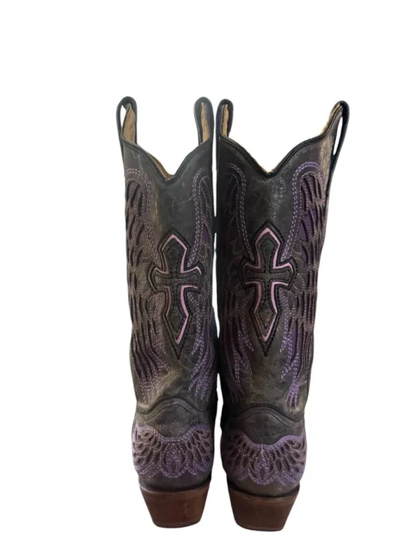 Corral Boots Women's Distressed Black Winged Cross Purple Inlay Boots Size 9 - Image 7