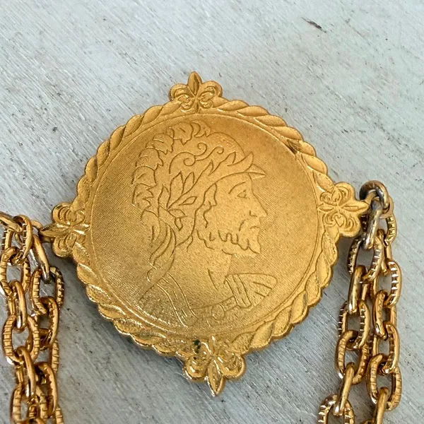 Vintage Gold Tone Classical Medallion Double Chain Swag Brooch - Image 2