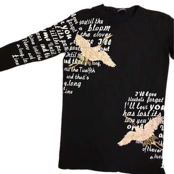 Comaekar Black Graphic‎ T-Shirt Dress Sequin Crane Bird Script Long Sleeve Mini - Image 5