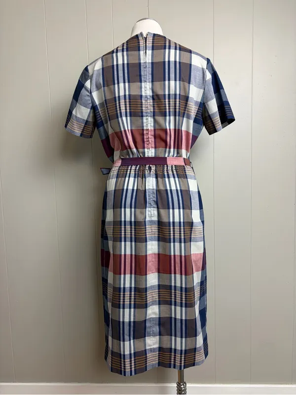 Vintage 60s 70s Nancy Greer New York Plaid Belted Midi Dress Small - Image 4