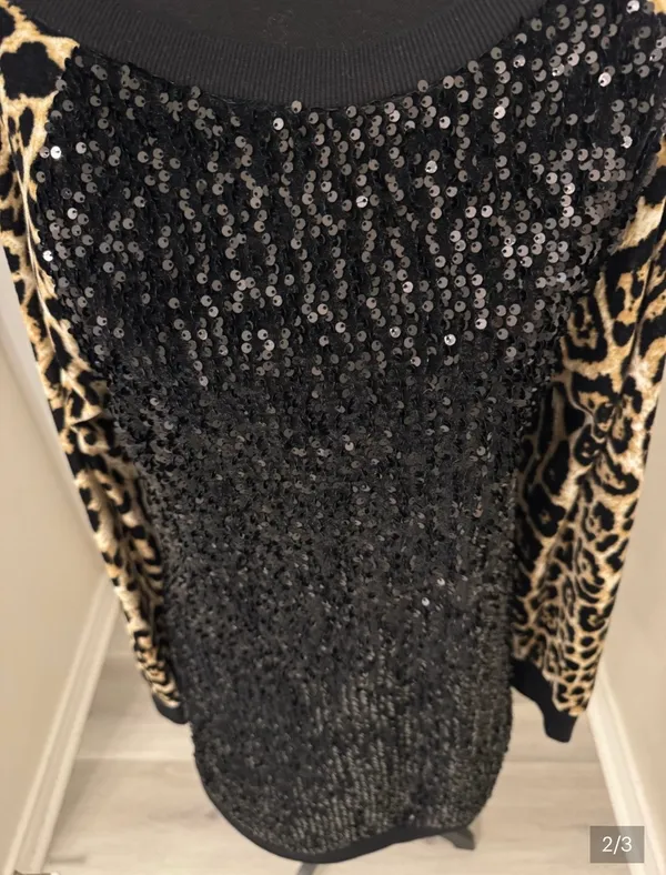 Boston Proper Black Sequin Dress with Leopard Print Long Sleeves - Image 3