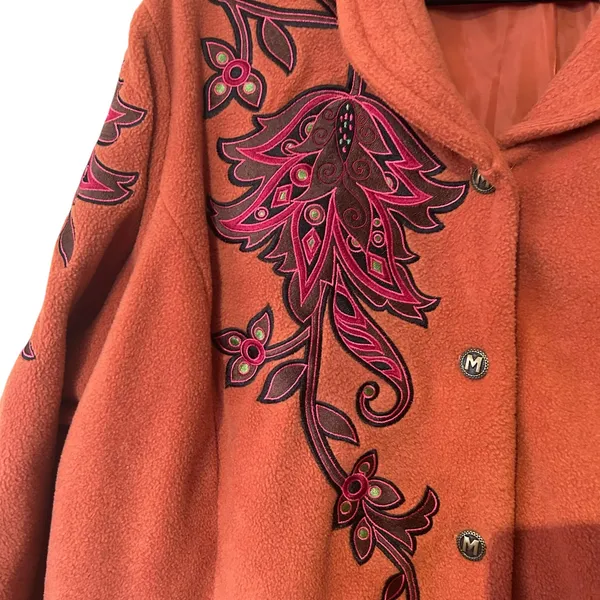 Bob Mackie VTG Burnt Orange Fleece Embroidered Jacket Coat SZ 2X lLned Pockets - Image 3