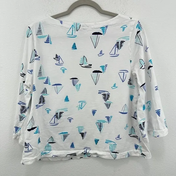 Fresh Produce Sailboat Print Boatneck Top Nautical 3/4‎ Sleeve White Blue - Image 3