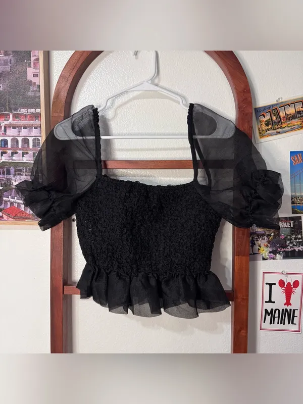 Staud Black Organza Puff Sleeve Crop Top - Image 2