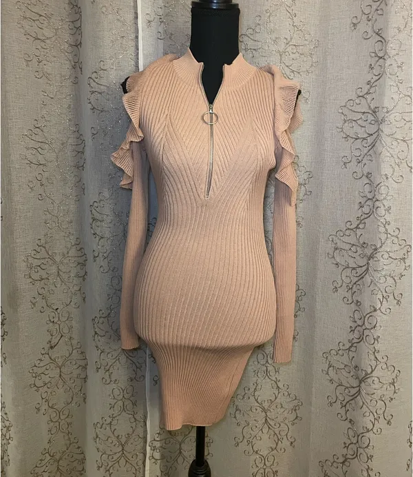 Self-Portrait Blush Knit Cold Shoulder Mini Dress Ruffle Sleeve Bodycon Medium - Image 2