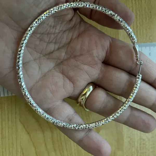 Silver Tone Diamond Cut Round 3.5 inch Statement Hoops - Image 3
