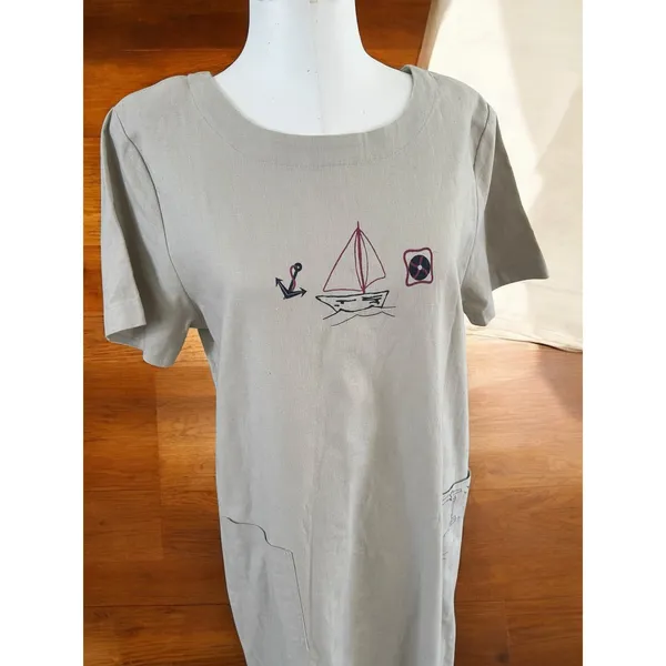 Vintage 90s Christopher & Banks Maxi Dress Sailboat Nautical Tan 12 Whimsical - Image 6