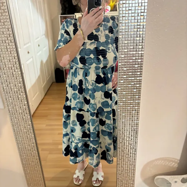 Breezy Boho Smocked Midi Dress - Blue Abstract Watercolor Polka Dot (100% Cotton - Image 7