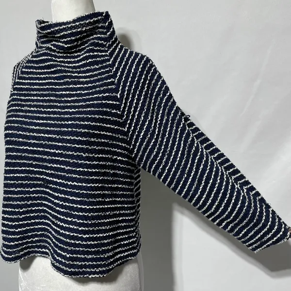 ZARA Striped Textured Mock Neck 3/4 Sleeve Sweater Top Navy White Size Medium - Image 7