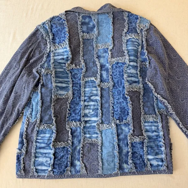 Handmade Patchwork Jacket Women L Blue Quilted Rag Style Artisan Boho Chore Coat - Image 10