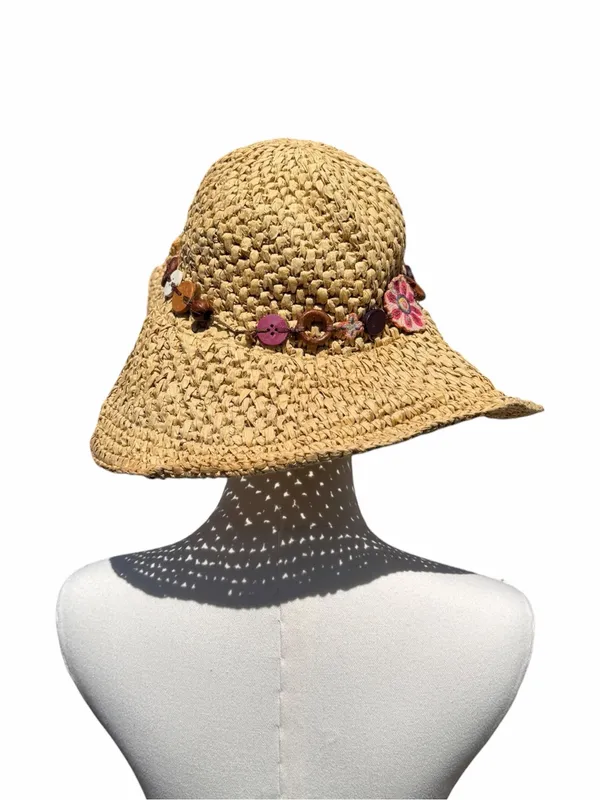 Lucky Brand Wide Brim Straw Hat One Size Floral Beaded Boho Sun Hat Festival - Image 4