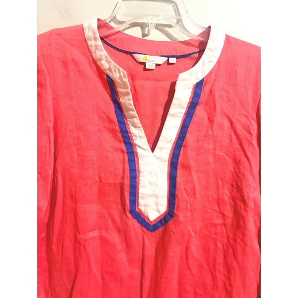 Boden‎ Linen Tunic Womens 6 Coral Pink Excellent Split V-Neck Contrast Trim Top - Image 5