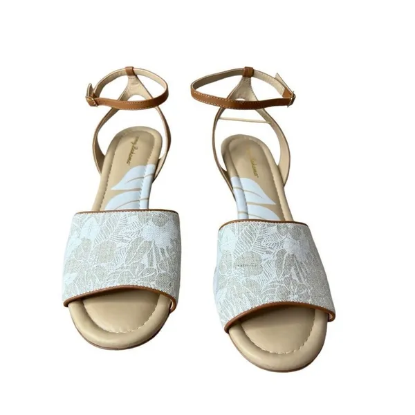 Tommy Bahama Ivy Walk Cream‎ Canvas Wedge Sandals 10 Linen Leather Combo Ankle - Image 2