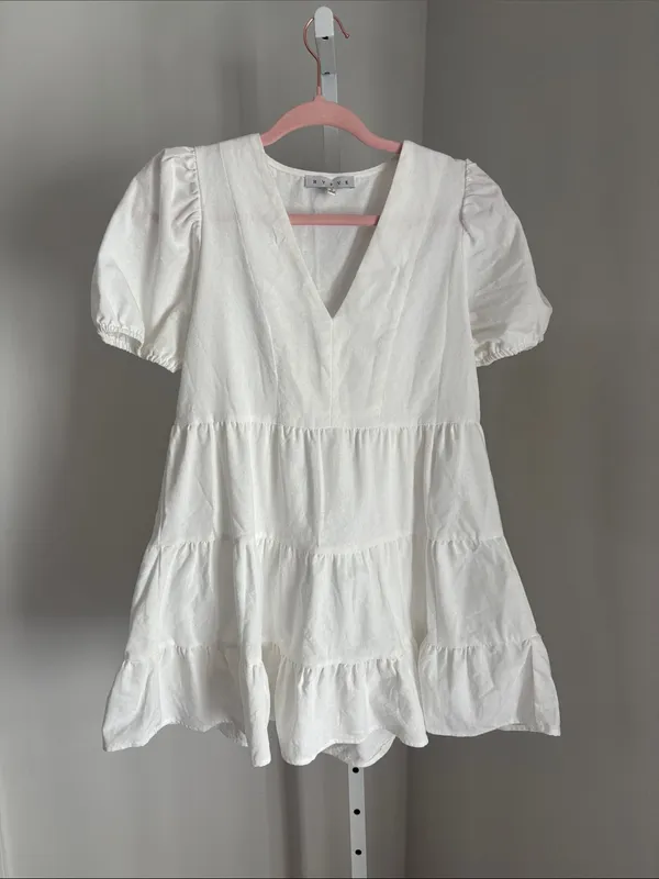 HYFVE Women's Off White Tiered V-Neck Short Sleeve Babydoll Dress Size Small - Image 3