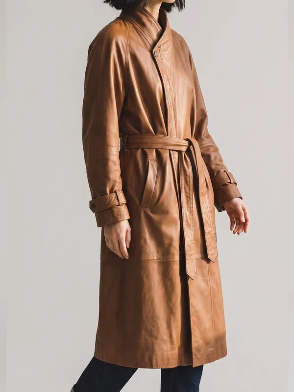 Vintage American Style Brown Leather Belted Trench Coat Mountain life old money - Image 3