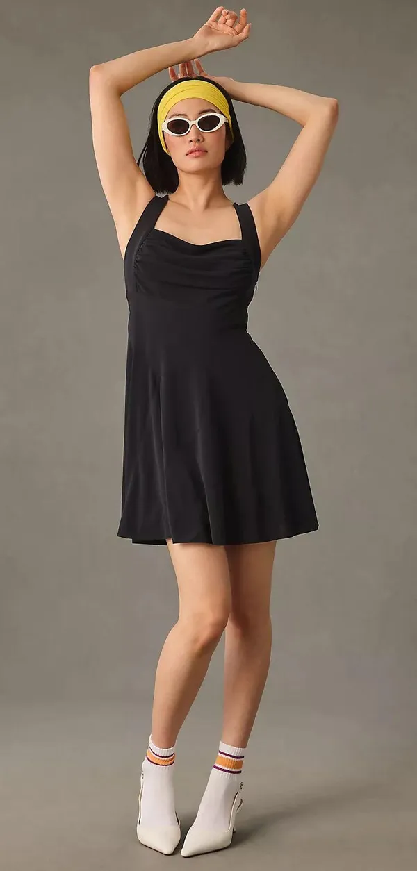 NWT Ruched Square-Neck Black Mini Dress. Size Large - Image 4