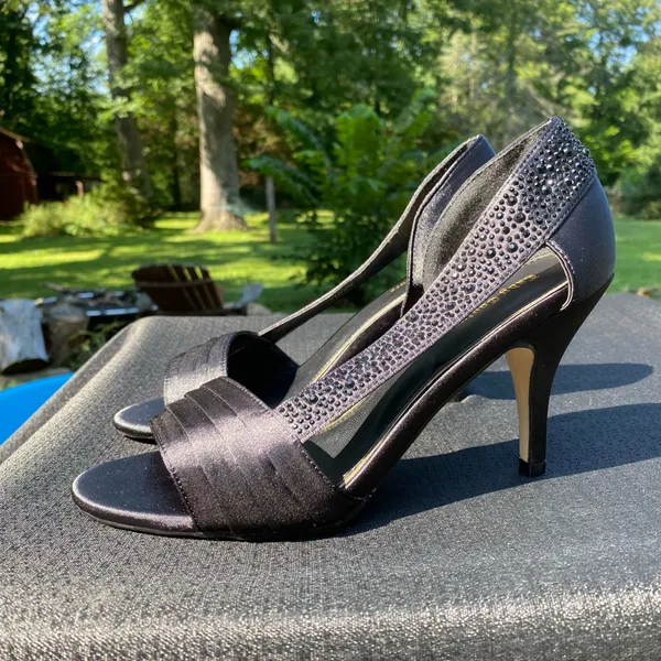 ✨🖤 Lady Couture Size 39 / 8.5 Black Satin D’Orsay “Sharp” Rhinestone Crystal Heels 🖤✨ - Image 16