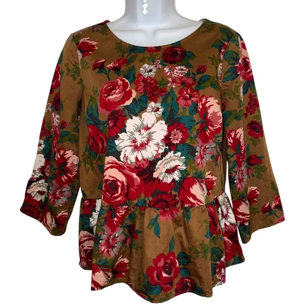 BROOKS BROTHERS Red Fleece Floral Peplum Cotton Blouse 3/4" Sleeves EUC‎ Size 6 - Image 2