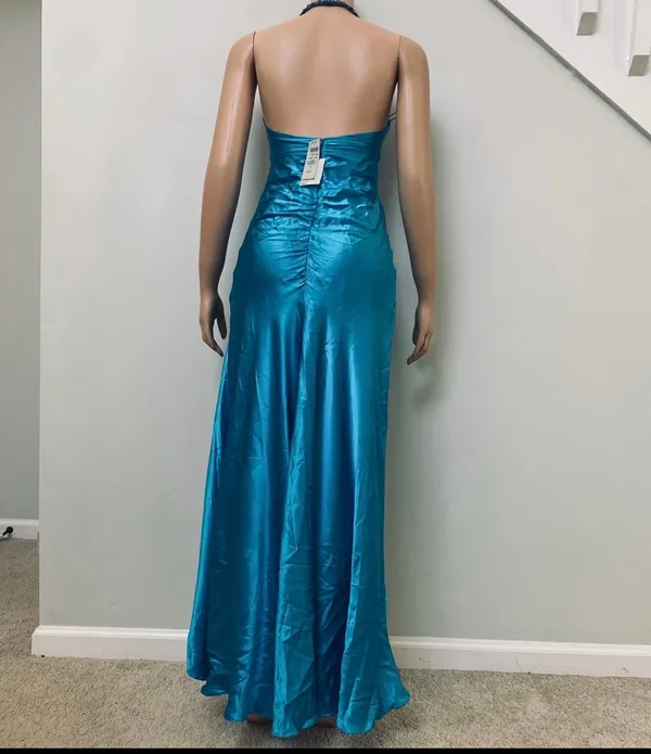 Cache Teal Beaded Halter High-Low Satin Dress - Image 4