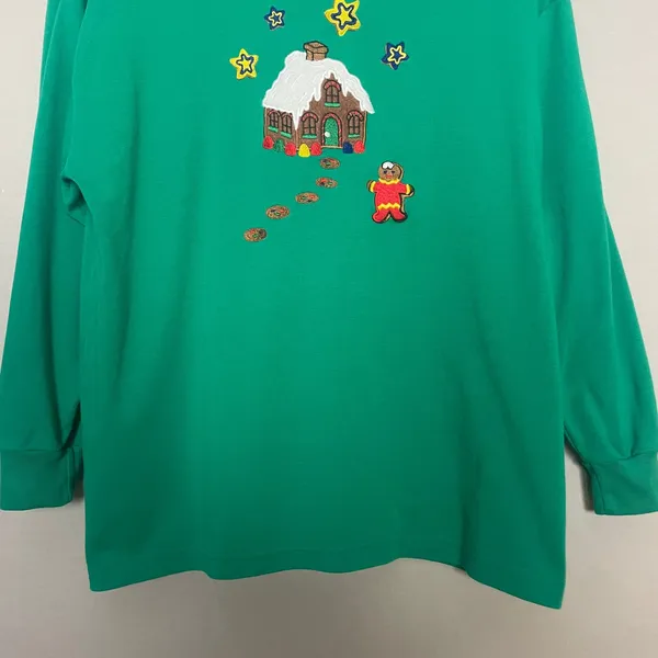 Karen Scott Vintage 90s Christmas Sweatshirt Gingerbread Man House Green Women Size XL Retro - Image 4