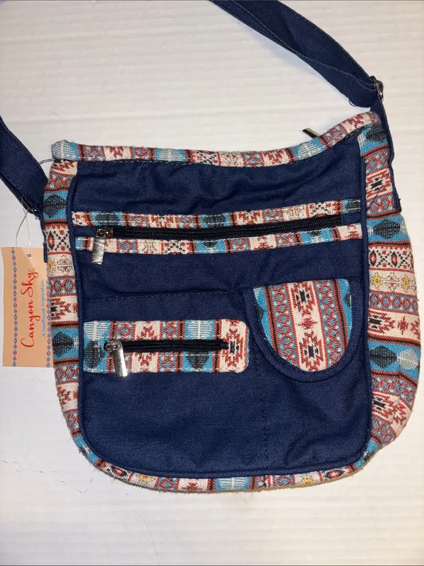Canyon Sky Blue Denim Bag With Southwestern Embroidery Along Edges Multicolored - Image 2