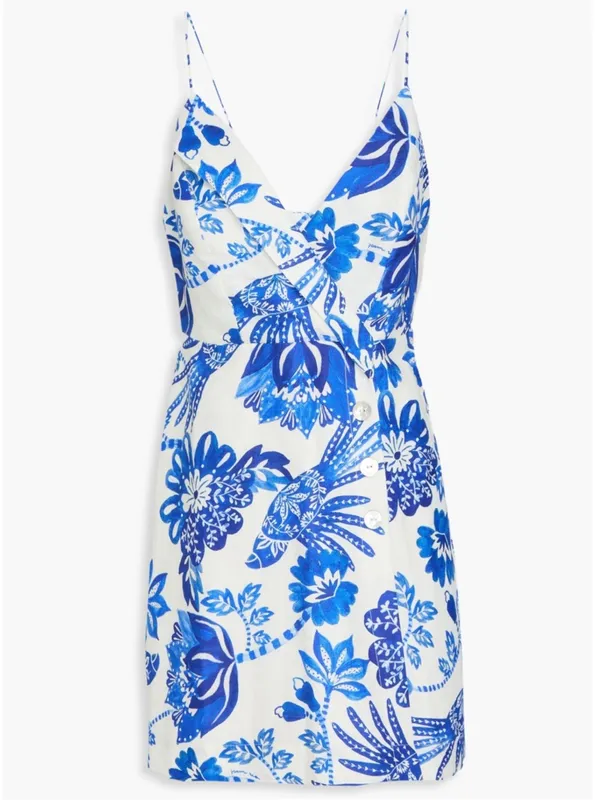 NWT FARM Rio Linen Faux Wrap Floral Birds Dress White Blue Size XS Retail $185 - Image 4