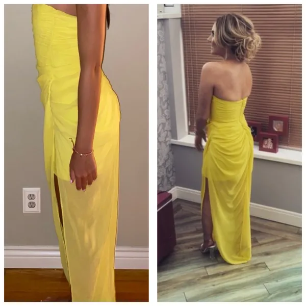 House Of CB Paloma Maxi Dress Yellow Strapless Draped Chiffon Size Small Corset - Image 14