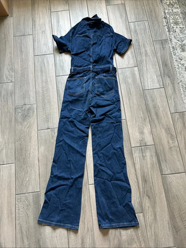 Frame Denim Dark Blue Short-Sleeve Denim Jumpsuit with Tie Waist - Image 4