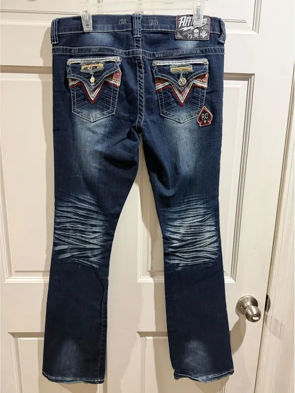 Affliction Jade Women's Distressed Blue Jeans with Red Bandana Patch Size 31 - Image 11
