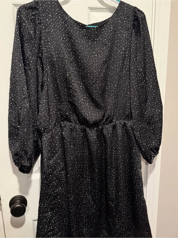 GAP Women’s XL Black White Speckled Long Sleeve Midi Dress Puff Sleeve Pockets - Image 2