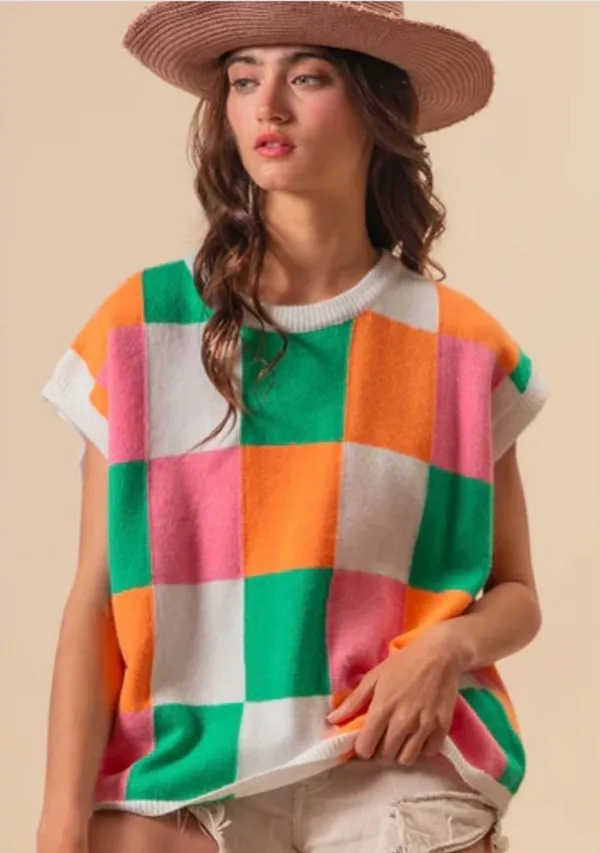 NWOT BiBi Multicolor Checkered Women's Sweat Vest Pink - Image 5