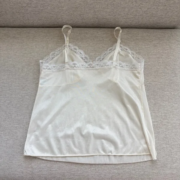 70s Vintage Deena Cami Tank S Ivory Lace Trim Lingerie Coquette Romantic Dreamy - Image 2