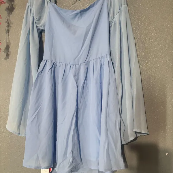 Light Blue Corset Mini Dress XS Floral Embroidered Lace Bell Sleeve Cottagecore - Image 5