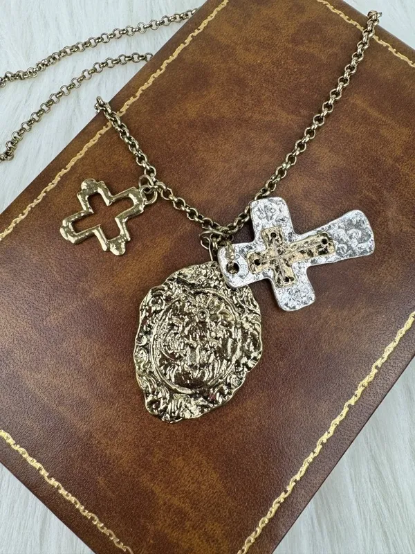 Long Gold Tone Cross Statement Pendant Necklace Double Cross Charm - Image 5