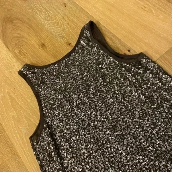Vintage J Crew Women's Small M Brown Silver Sequin‎ Sleeveless Tank Top Party - Image 4